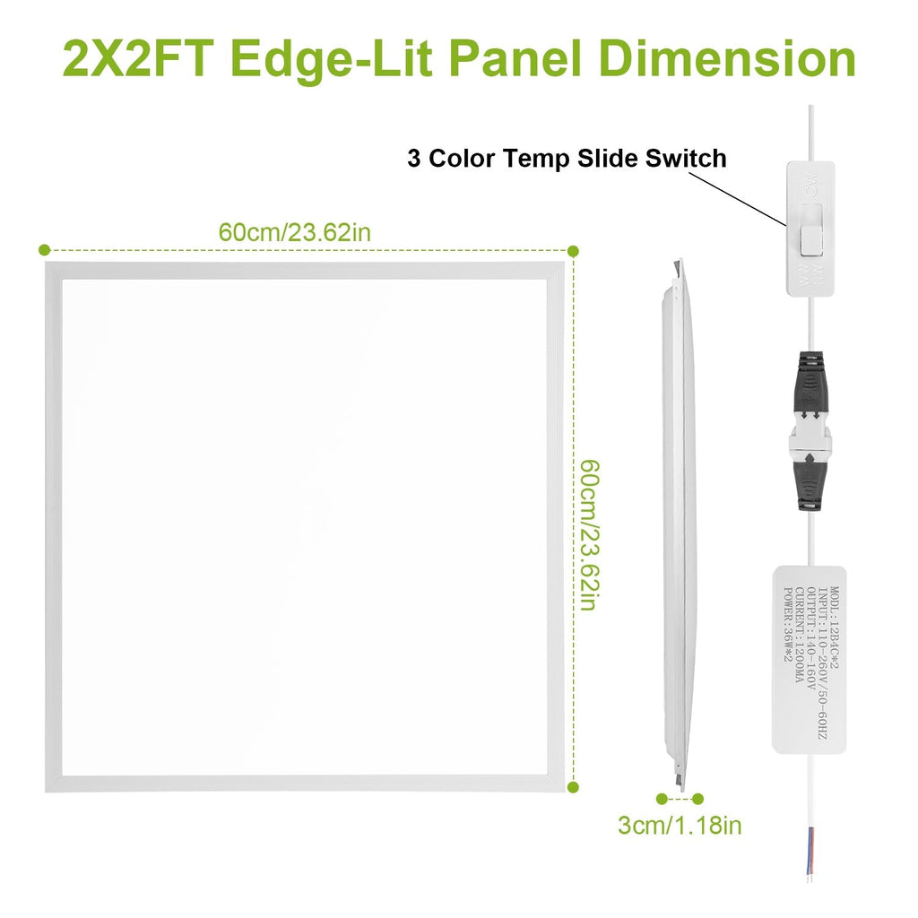 2Pcs 72W 2 2FT LED Panel Light 3800LM Flat Ceiling Light with 3 Lighting Color Temperature Equivalent LED Troffer Recessed Edge-Lit Switchable CCT 110