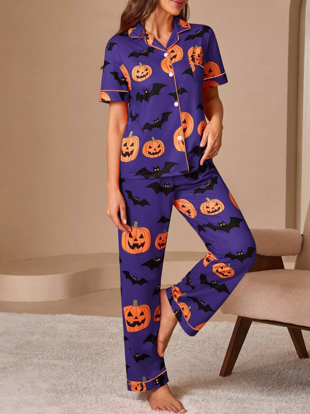 Halloween Pumpkin and Bat Print Button-Down Top and Pants Lounge Set