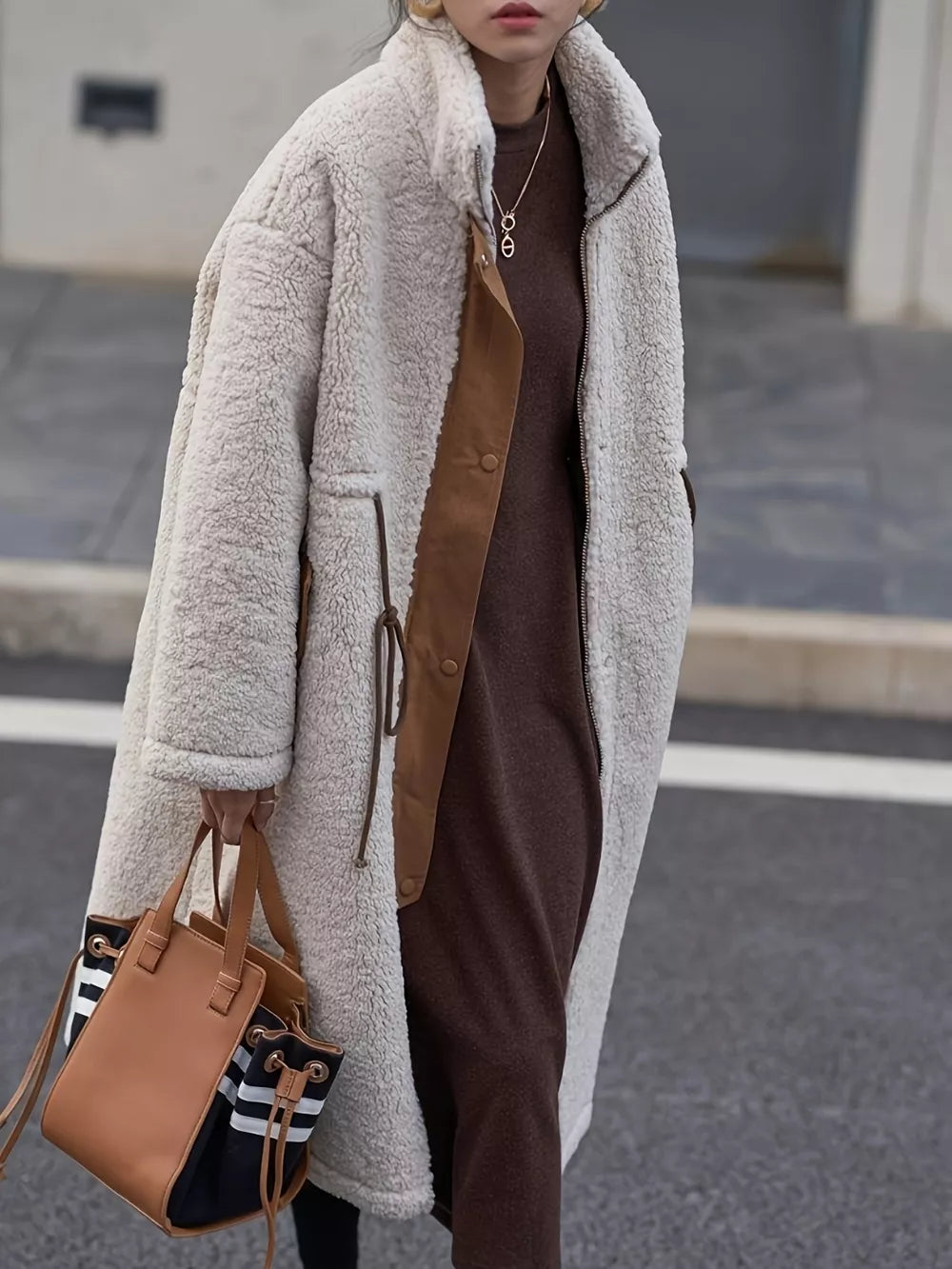 Drawstring Zip Up Turtleneck Sherpa Coat