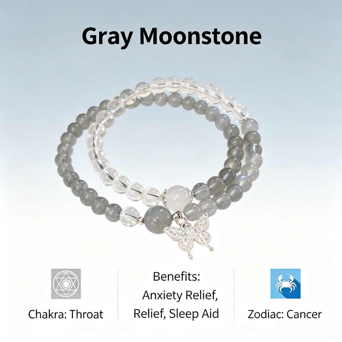 Gray Moonstone Throat Chakra Bracelet - Anxiety Relief & Sleep Aid