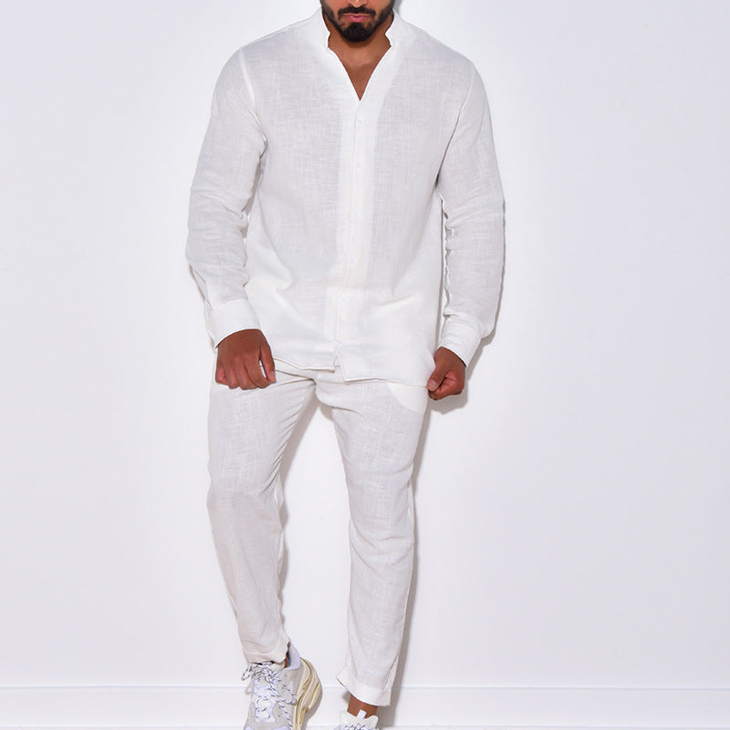 Men’s Linen Two-Piece Set – V-Neck Long Sleeve Top & Straight Pants