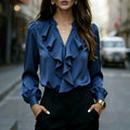 Satin Ruffled V-Neck Shirt Long-Sleeve Elegant Top