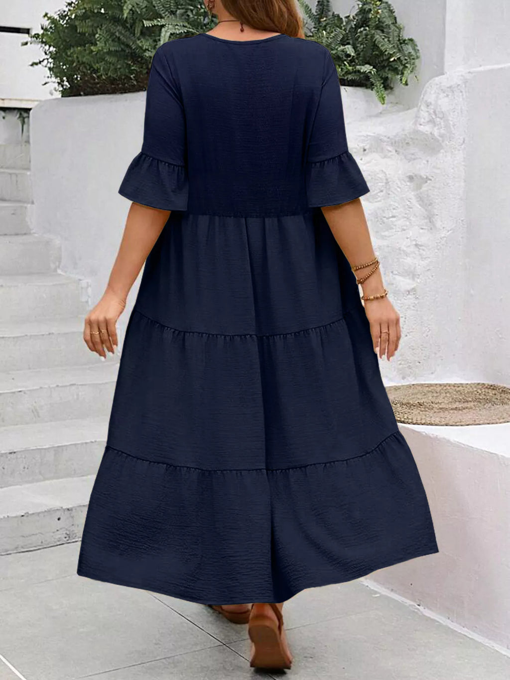 Ruffle Sleeves Tiered Midi Dress
