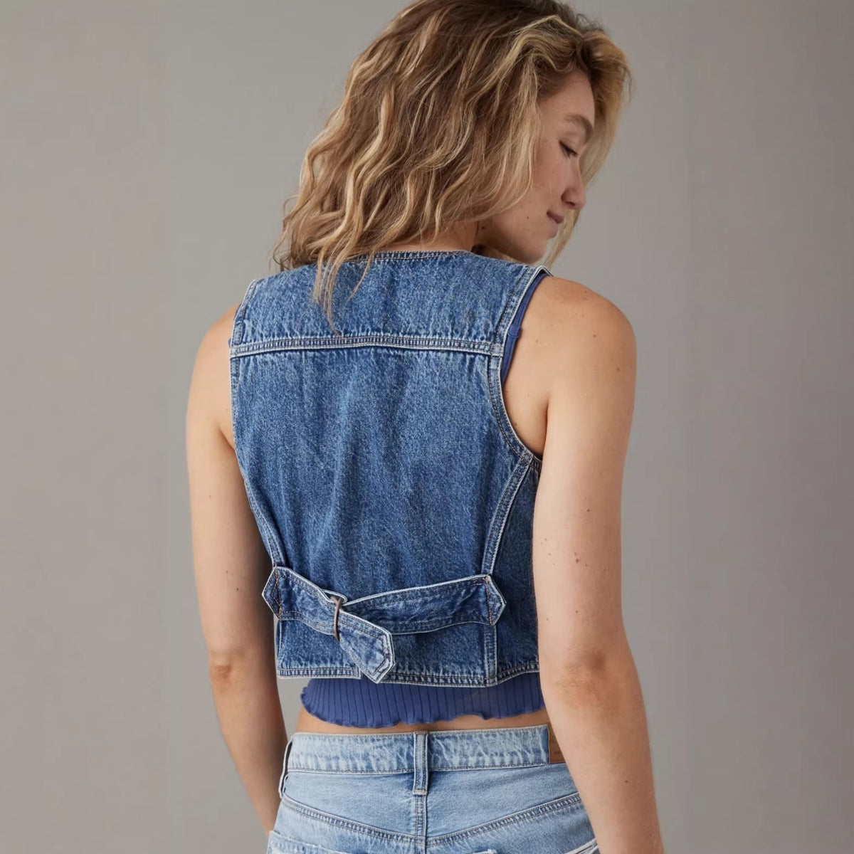 Womens Sleeveless V-Neck Top Denim Vest Petite Waistcoat