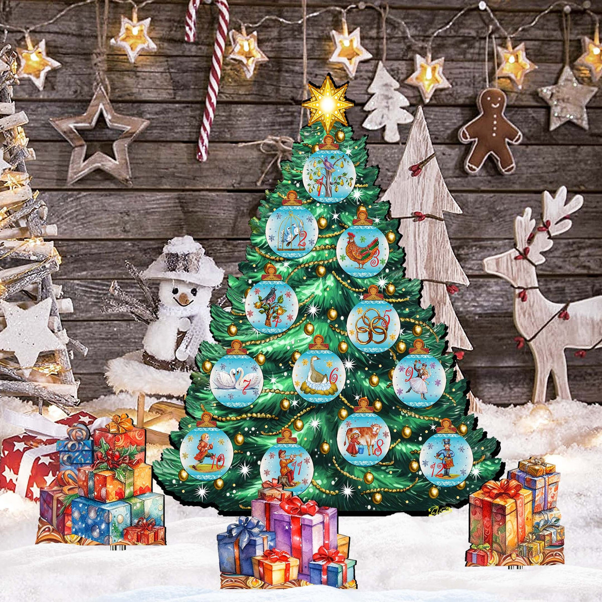 Twelve Days-Themed Christmas Tree Outdoor Indoor Decor Wooden Christmas Decoration by G. Debrekht Christmas Decor - 8191502F-G-S12