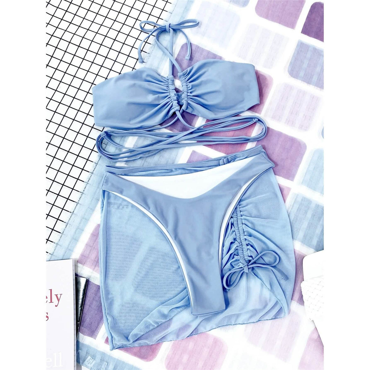 3-Pack: Criss Cross Halter Bikini Swimsuit & Beach Skirt