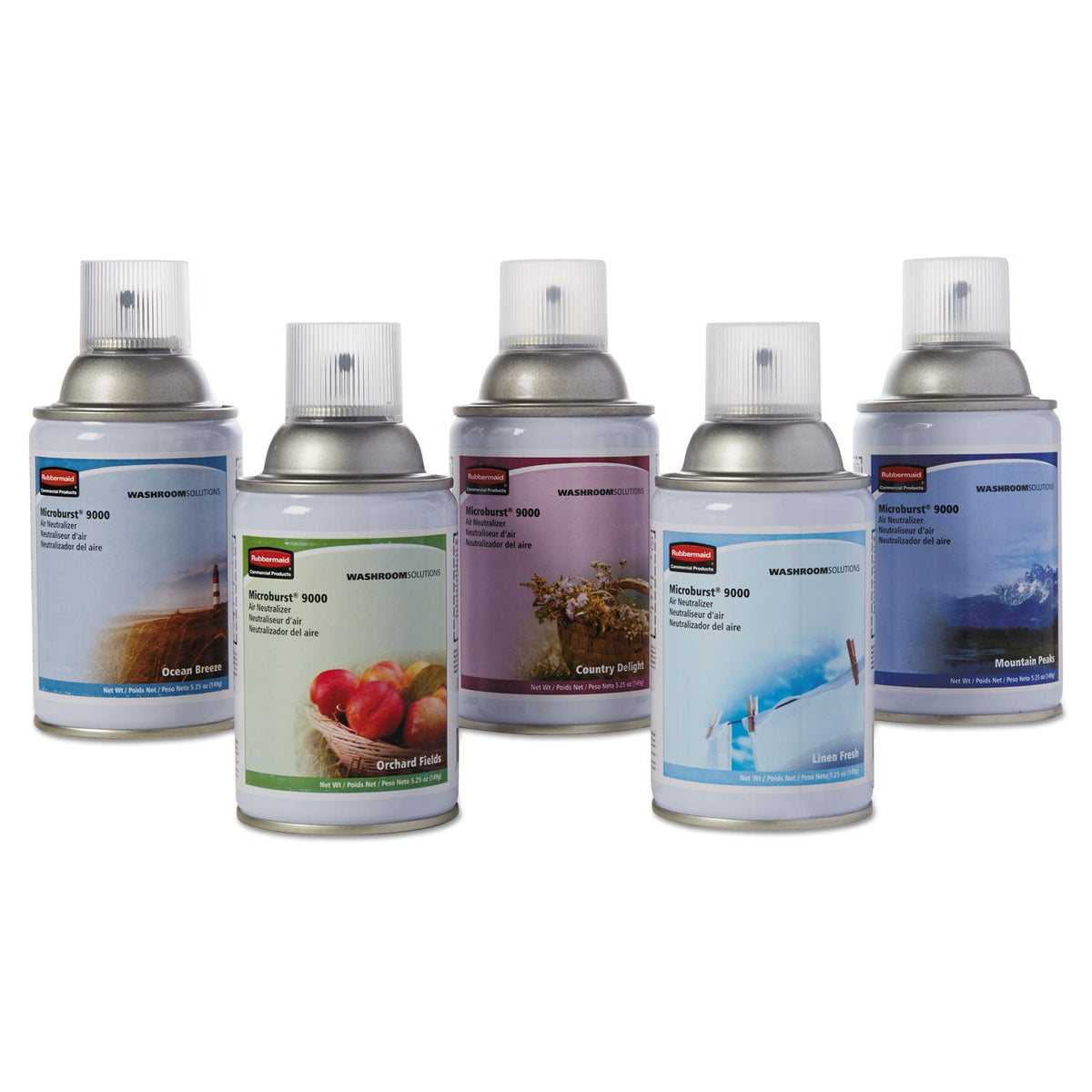 Rubbermaid TC Microburst 9000 Air Freshener Refill, Variety Pack, 5.25 oz Aerosol Spray, 5/Carton