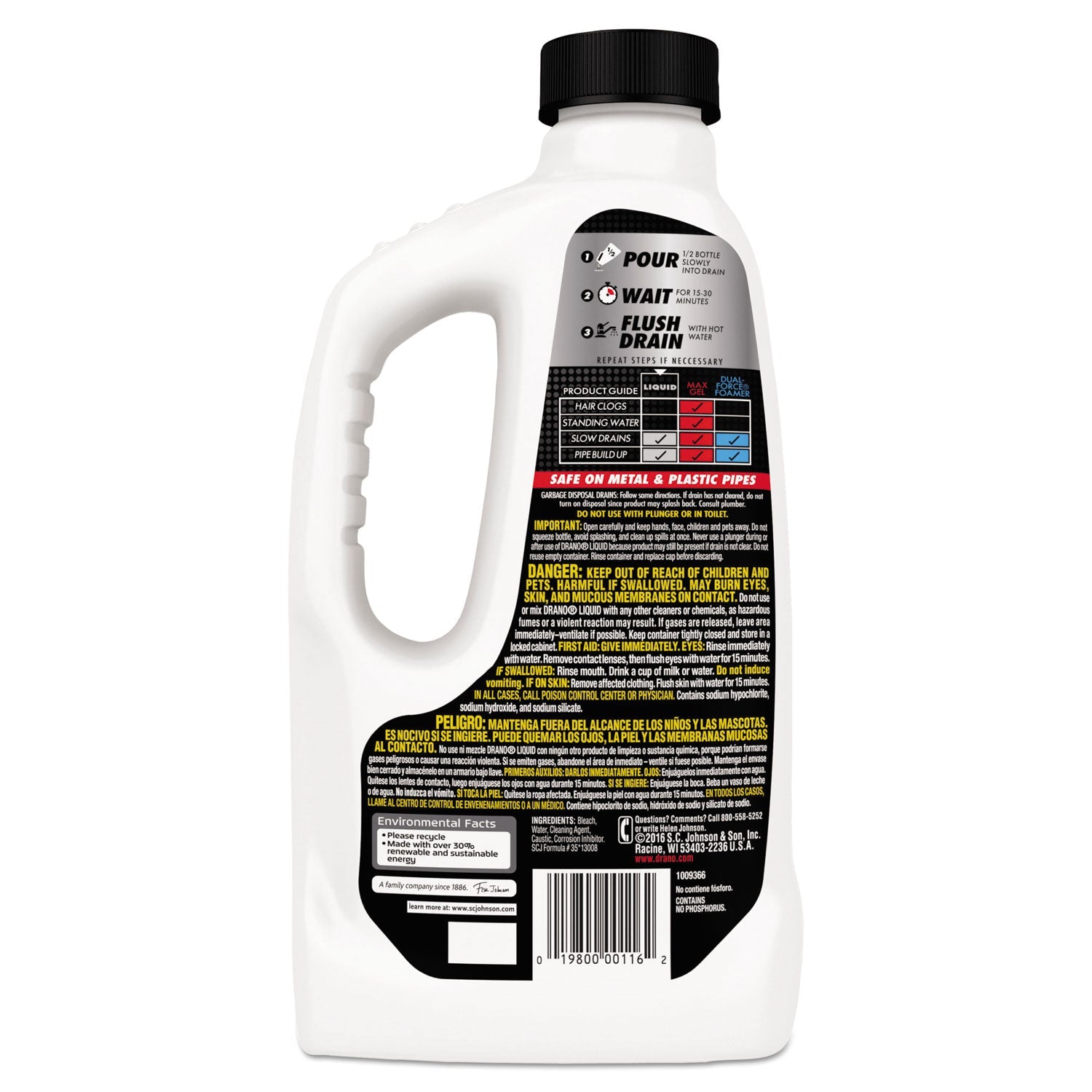 Drano Liquid Drain Cleaner, 32 oz Safety Cap Bottle, 12/Carton