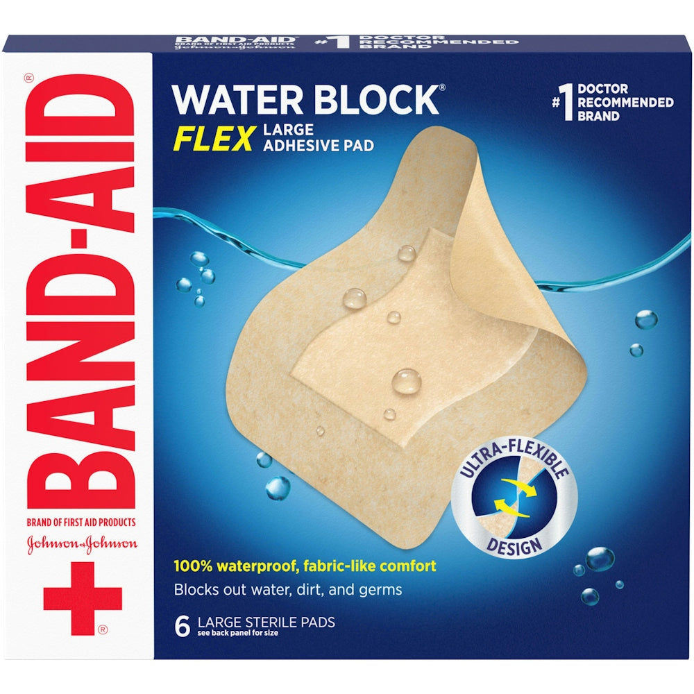 BAND-AID® Water Block® Flex Large Adhesive Bandage, 3-1/2" x 4-1/2", 6-Pack