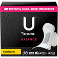 U by Kotex Balance Ultra Thin Pads with Wings, Regular Absorbency, 36 Count
