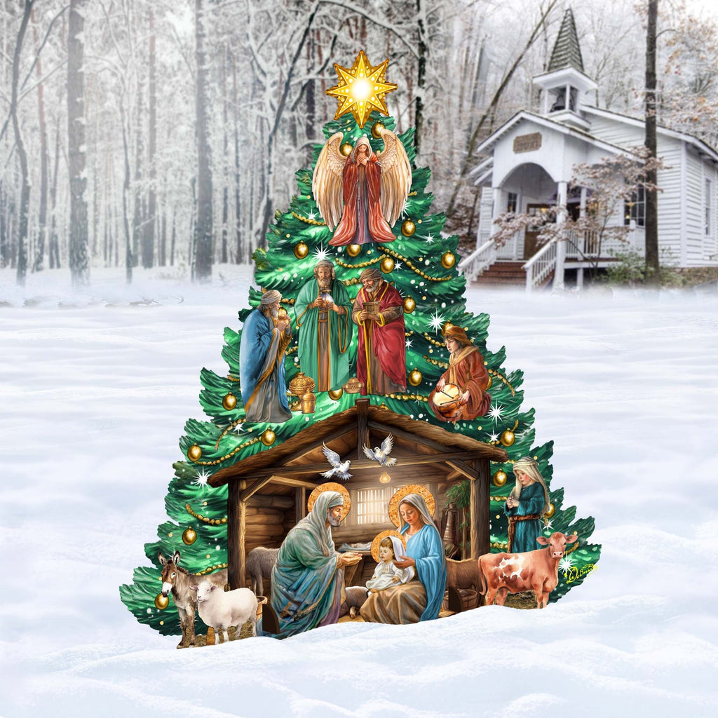 Nativity-Themed Christmas Tree Outdoor Indoor Decor Wooden Christmas Decoration by G. Debrekht Christmas Decor - 8191503-3F