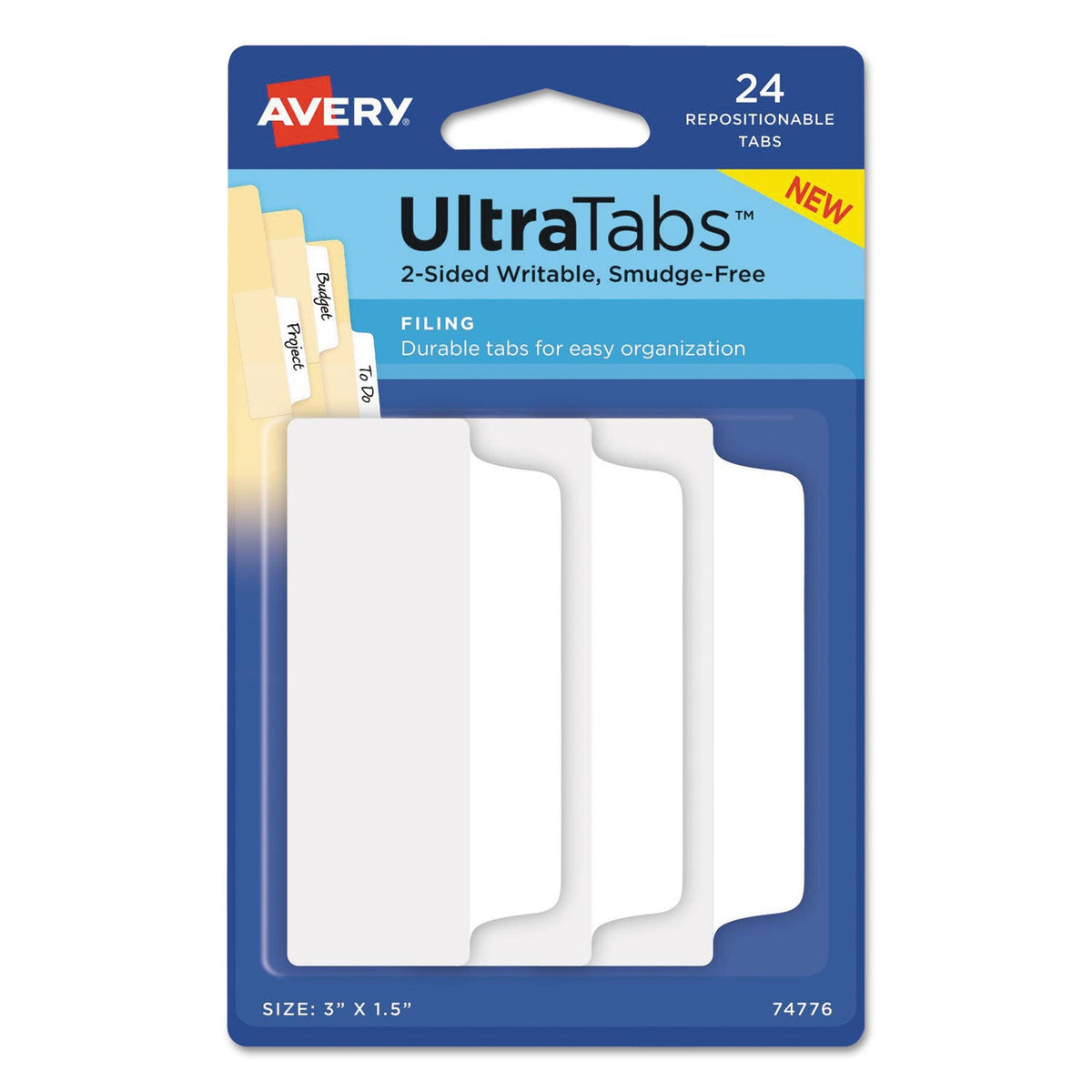 Avery Ultra Tabs Repositionable Tabs, Wide and Slim: 3" x 1.5", 1/3-Cut, White, 24/Pack