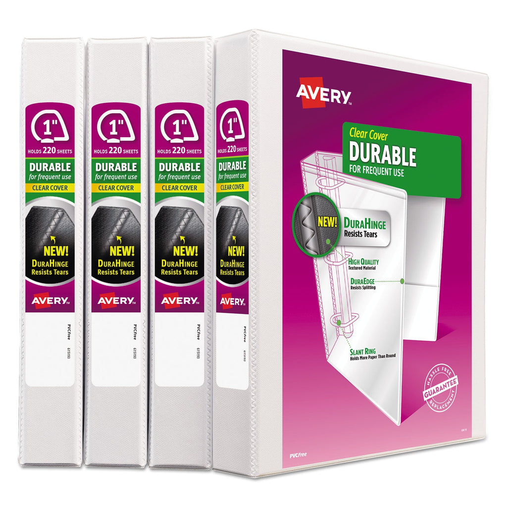 Avery Durable View Binder with DuraHinge and Slant Rings, 3 Rings, 1" Capacity, 11 x 8.5, White, 4/Pack