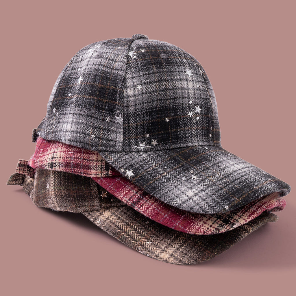 Wool Check Pattern Silver Glitter Star Embossed Baseball Cap, Retro And Fashionable, Soft Beanie Hat, Suitable For Outdoor Outings And Casual Wear