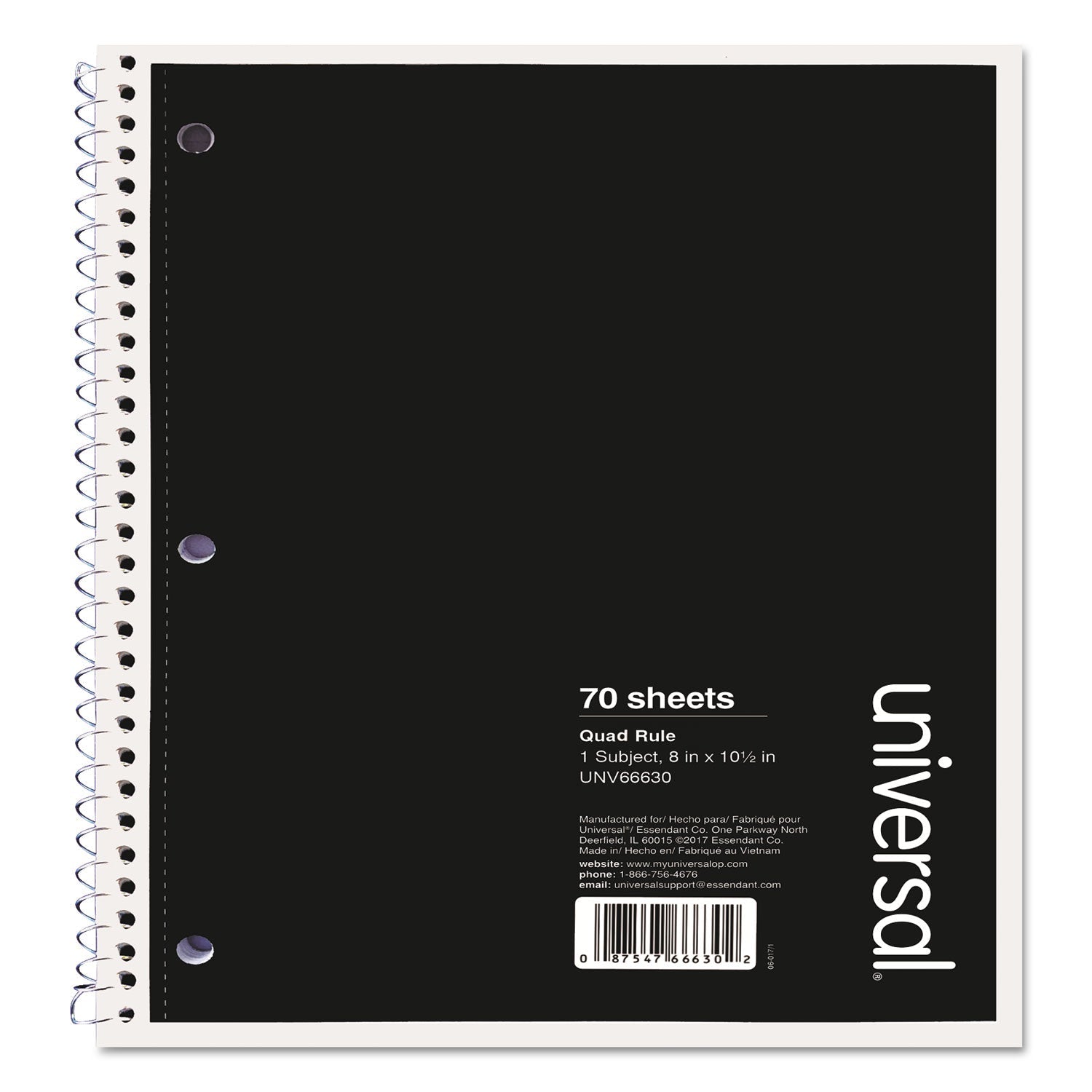 Universal Wirebound Notebook, 1 Subject, Quadrille Rule, Black Cover, 10.5 x 8, 70 Sheets