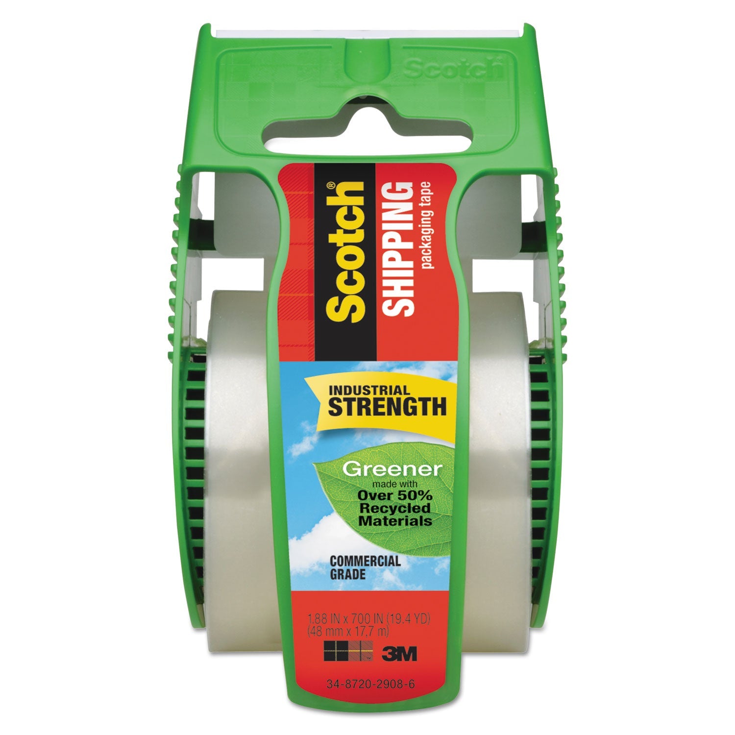 Scotch Greener Commercial Grade Packaging Tape with Dispenser, 1.5" Core, 1.88" x 58.33 ft, Clear