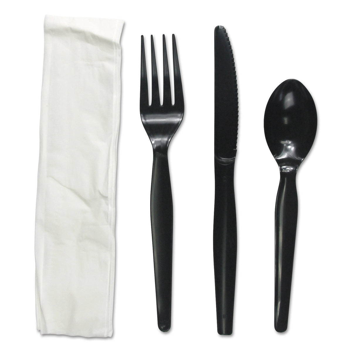 Boardwalk Four-Piece Cutlery Kit, Fork/Knife/Napkin/Teaspoon, Heavyweight, Black, 250/Carton