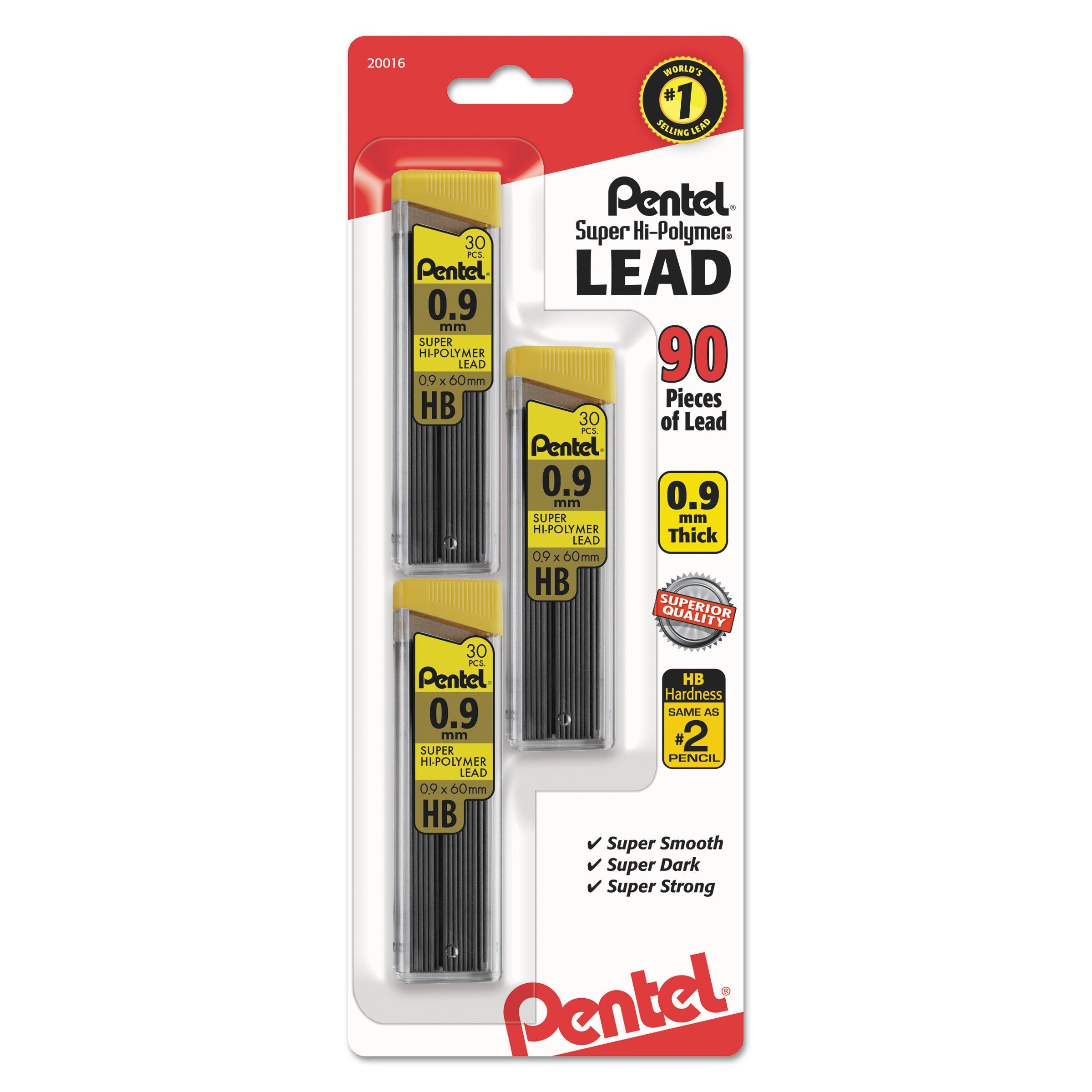 Pentel Super Hi-Polymer Lead Refills, 0.9 mm, HB, Black, 30/Tube, 3 Tubes/Pack