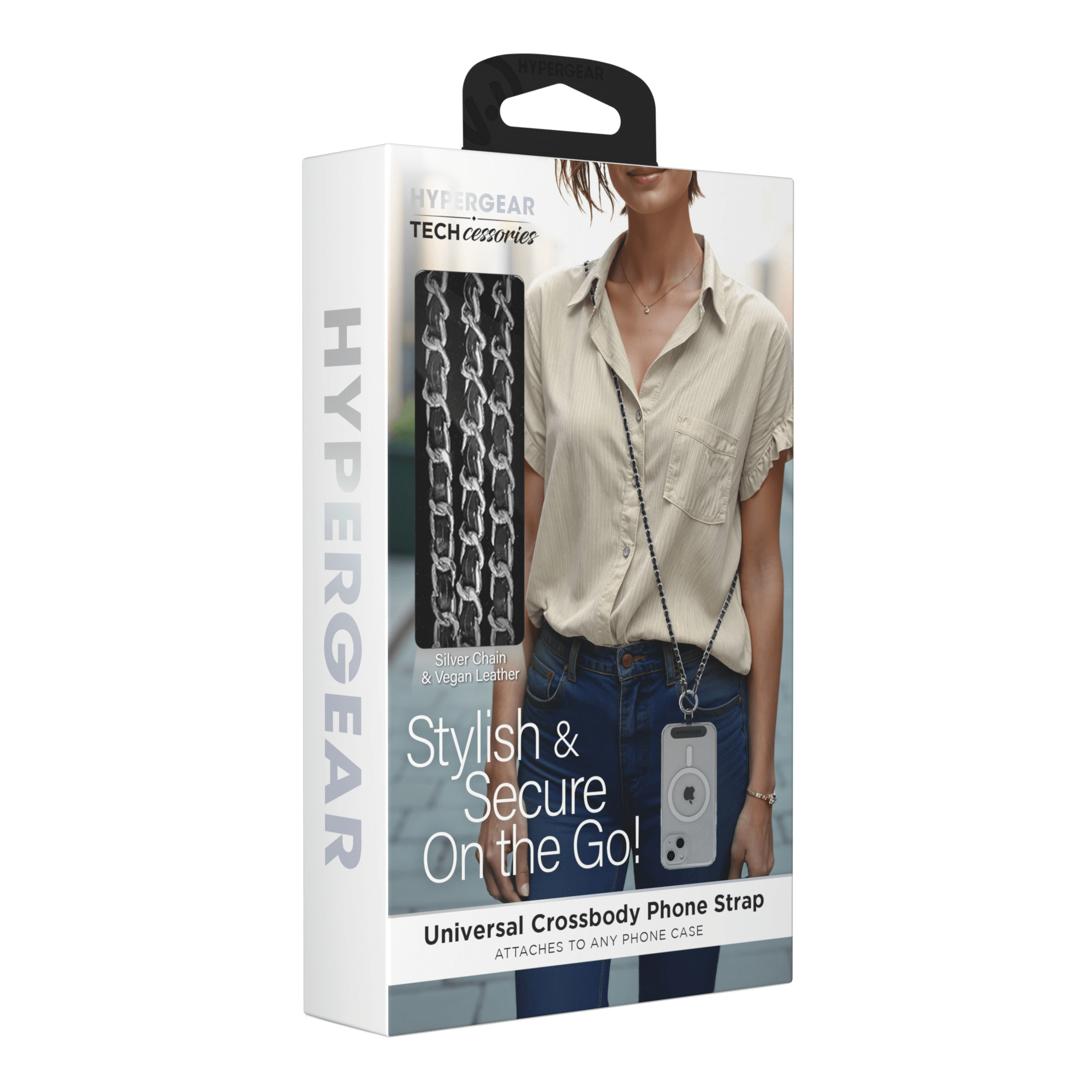 HyperGear TECHcessories Silver Chain with Black Vegan Leather Universal Crossbody Phone Strap