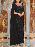 Rhinestone Square Neck Slit Sleeve Maxi Dress
