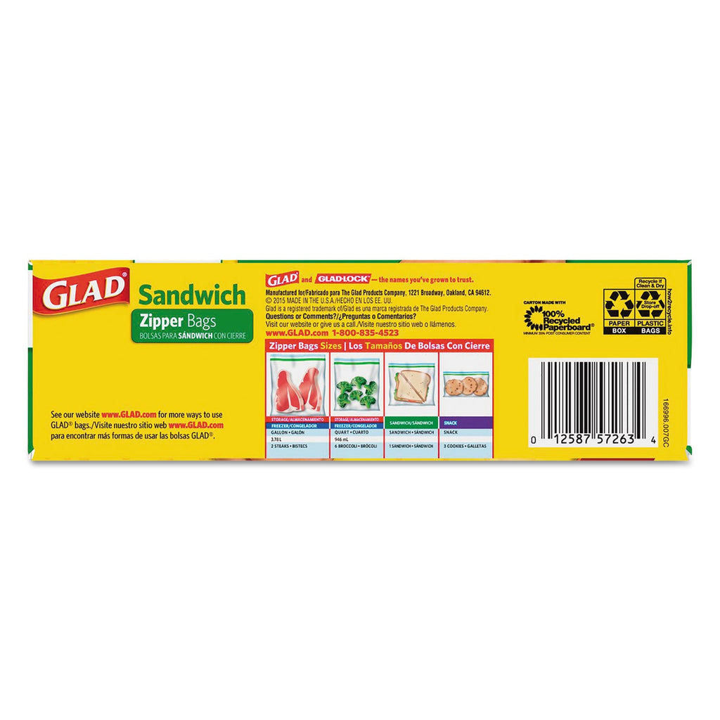 Glad Sandwich Zipper Bags, 6.63" x 8", Clear, 600/Carton
