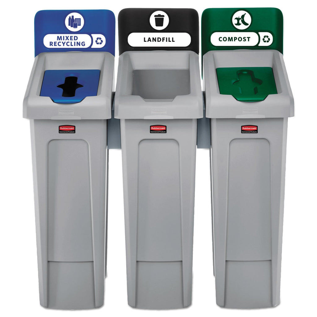 Rubbermaid Slim Jim Recycling Station Kit, 69 gal, 3-Stream Landfill/Mixed Recycling
