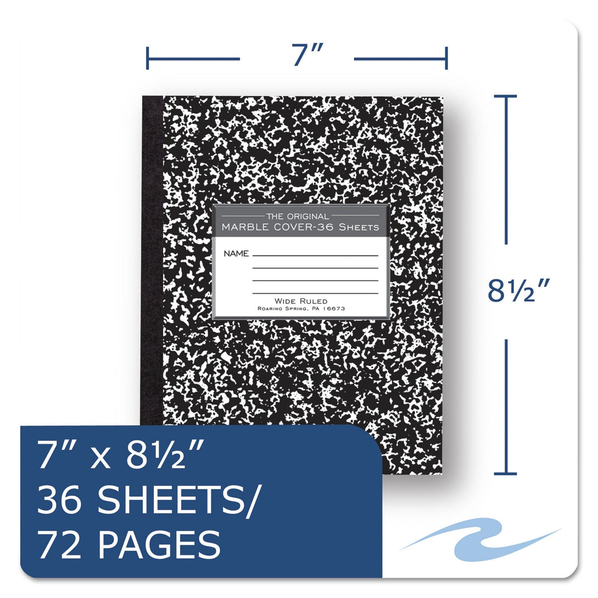 Roaring Spring Marble Cover Composition Book, Wide/Legal Rule, Black Marble Cover, 8.5 x 7, 36 Sheets