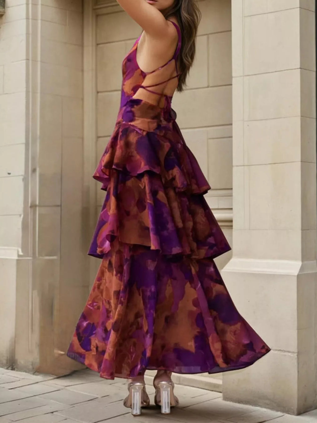 Floral V-Neck Ruffle Layered Maxi Dress
