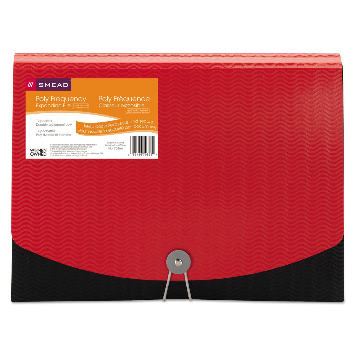 Smead 12-Pocket Poly Expanding File, 0.88" Expansion, 12 Sections, Cord/Hook Closure, 1/6-Cut Tabs, Letter Size, Black/Red