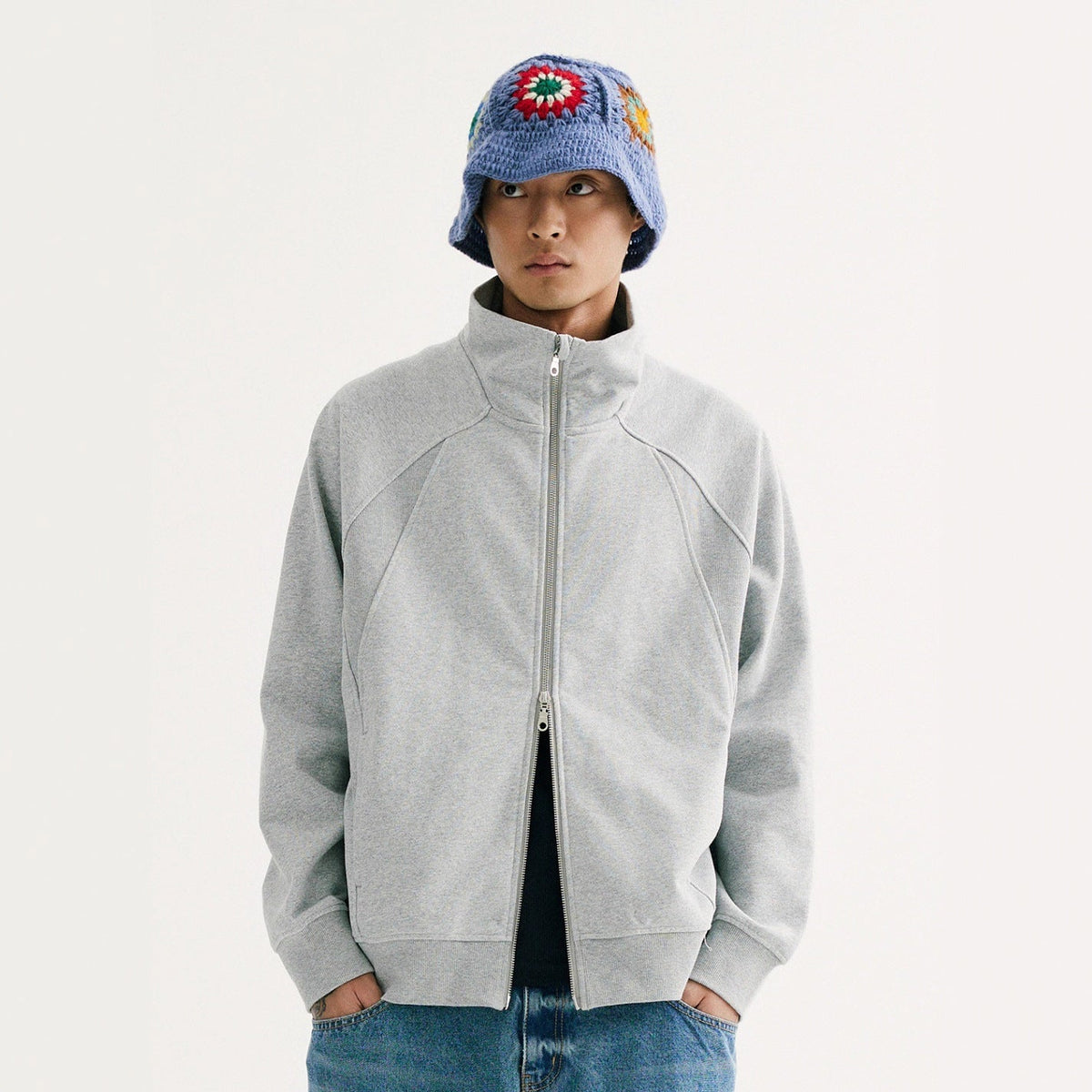 Retro Solid-color Curved-cut Stand-collar Zip-up Hoodie