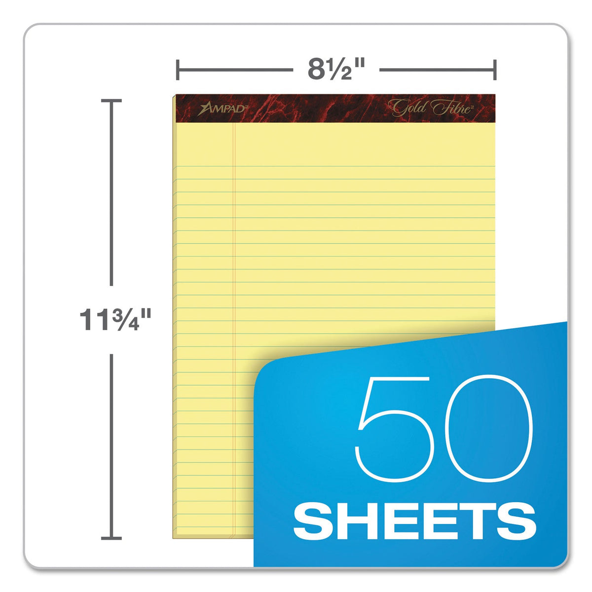 Ampad Gold Fibre Quality Writing Pads, Wide/Legal Rule, 50 Canary-Yellow 8.5 x 11.75 Sheets, Dozen