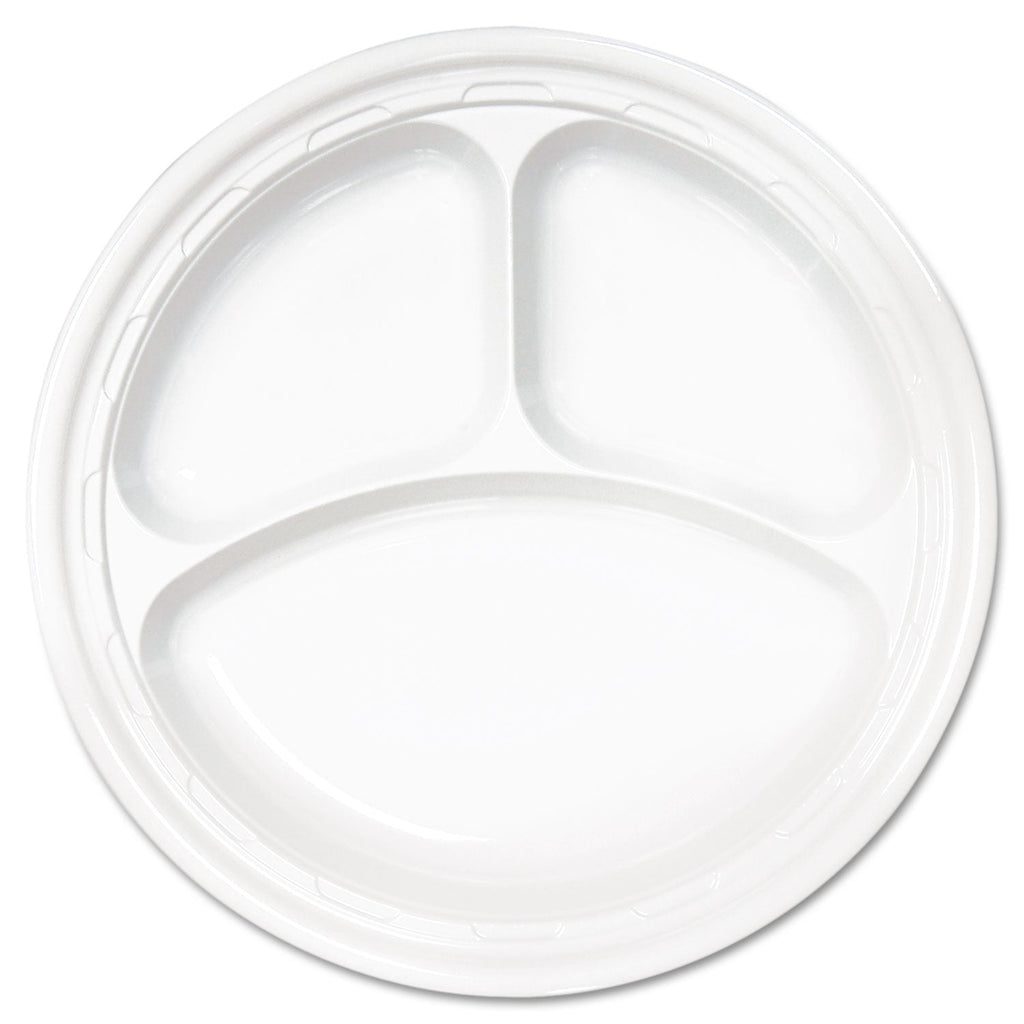 Dart Famous Service Plastic Dinnerware, Plate, 3-Compartment, 10.25" dia, White, 125/Pack, 4 Packs/Carton