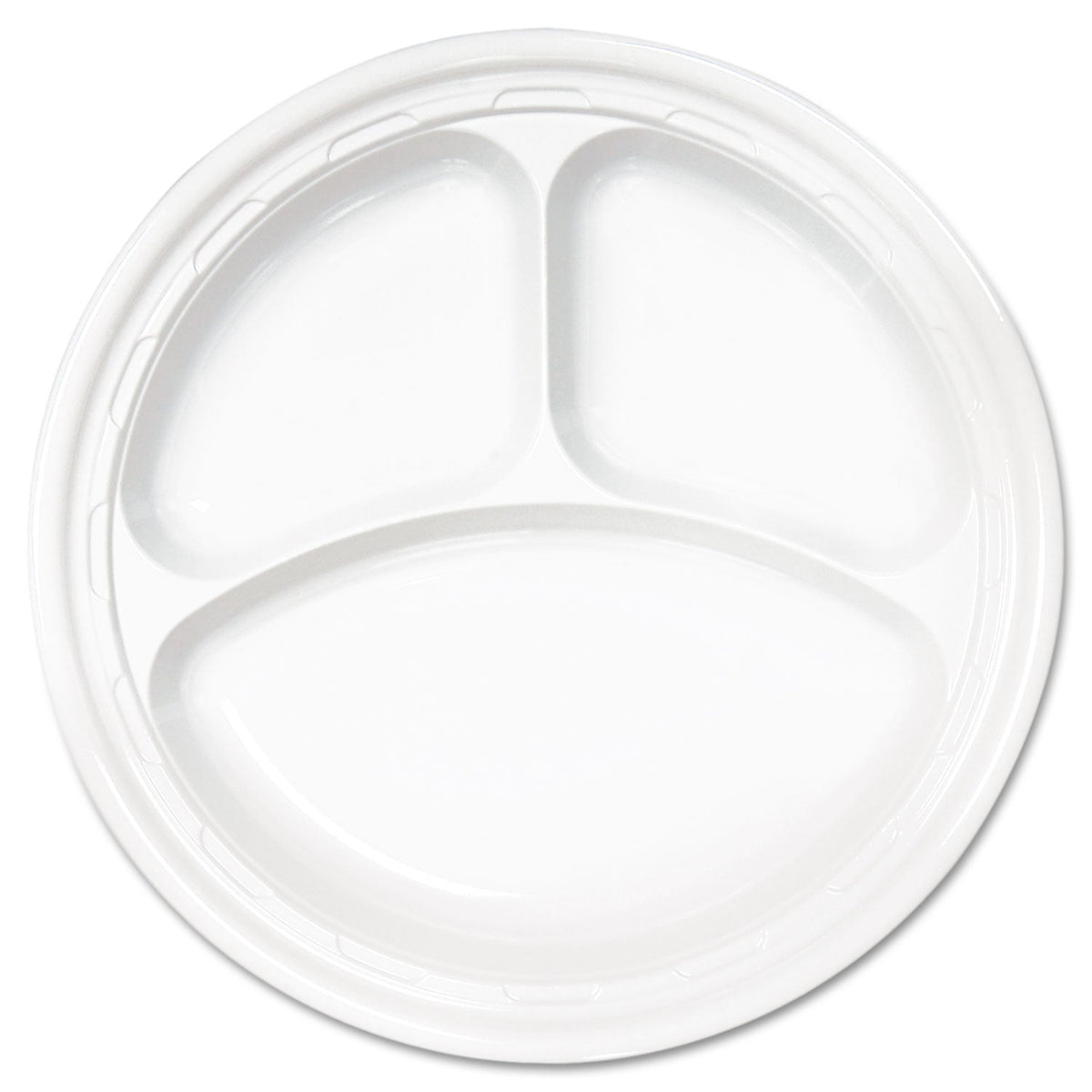 Dart Famous Service Plastic Dinnerware, Plate, 3-Compartment, 10.25" dia, White, 125/Pack, 4 Packs/Carton