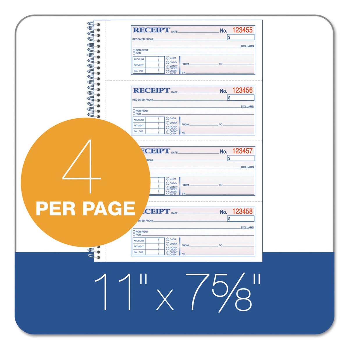 Adams TOPS Money/Rent Receipt Book, 7.13 x 2.75, Two-Part Carbon, 4/Page, 200 Forms