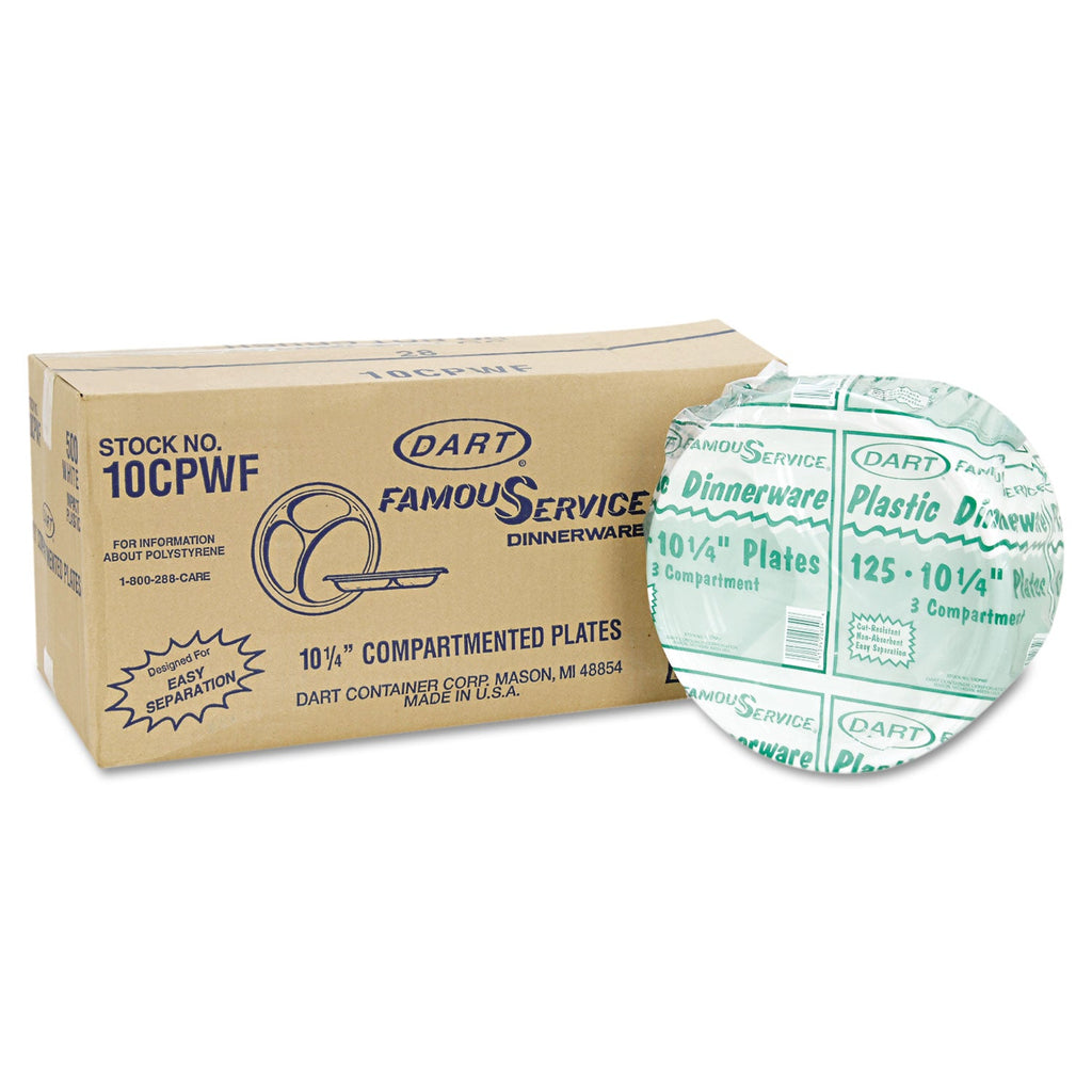 Dart Famous Service Plastic Dinnerware, Plate, 3-Compartment, 10.25" dia, White, 125/Pack, 4 Packs/Carton