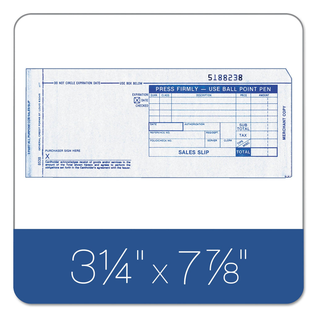 TOPS Credit Card Sales Slip, Three-Part Carbonless, 7.78 x 3.25, 1/Page, 100 Forms