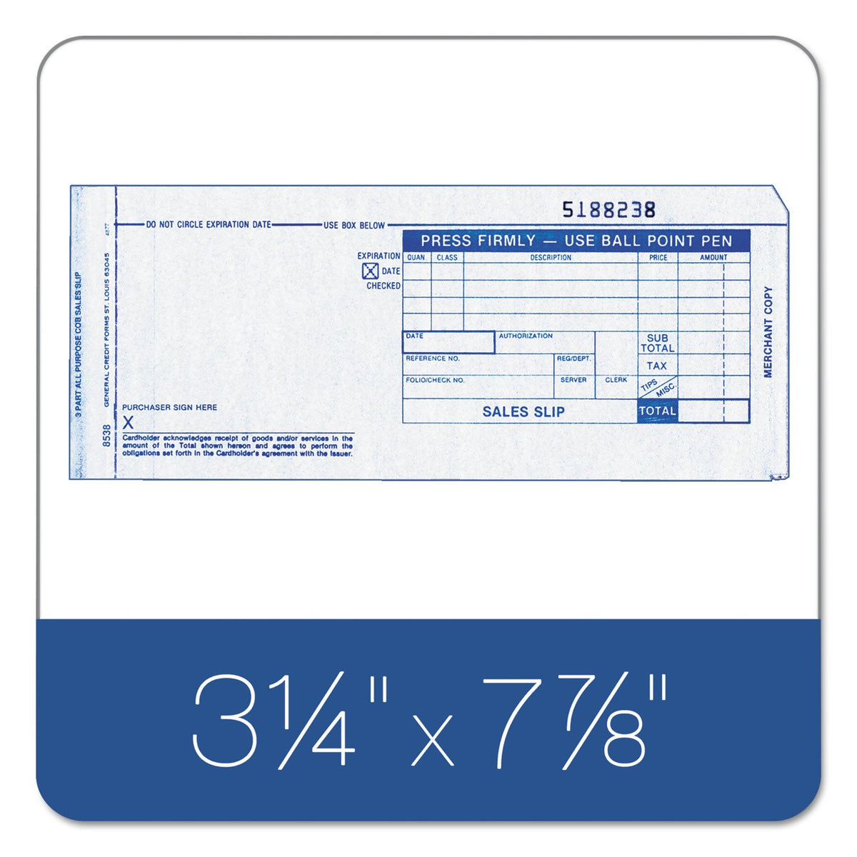 TOPS Credit Card Sales Slip, Three-Part Carbonless, 7.78 x 3.25, 1/Page, 100 Forms