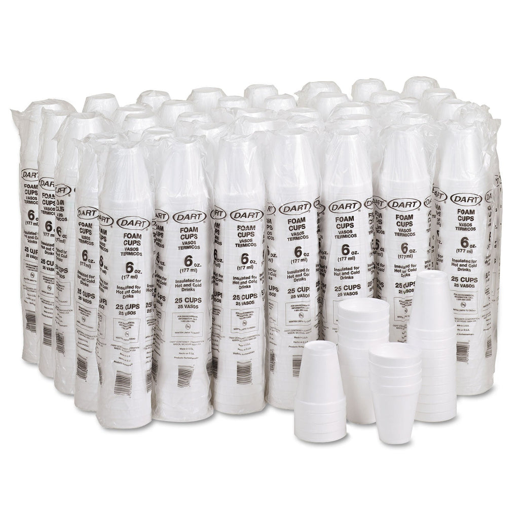 Dart Foam Drink Cups, 6 oz, White, 25/Bag, 40 Bags/Carton