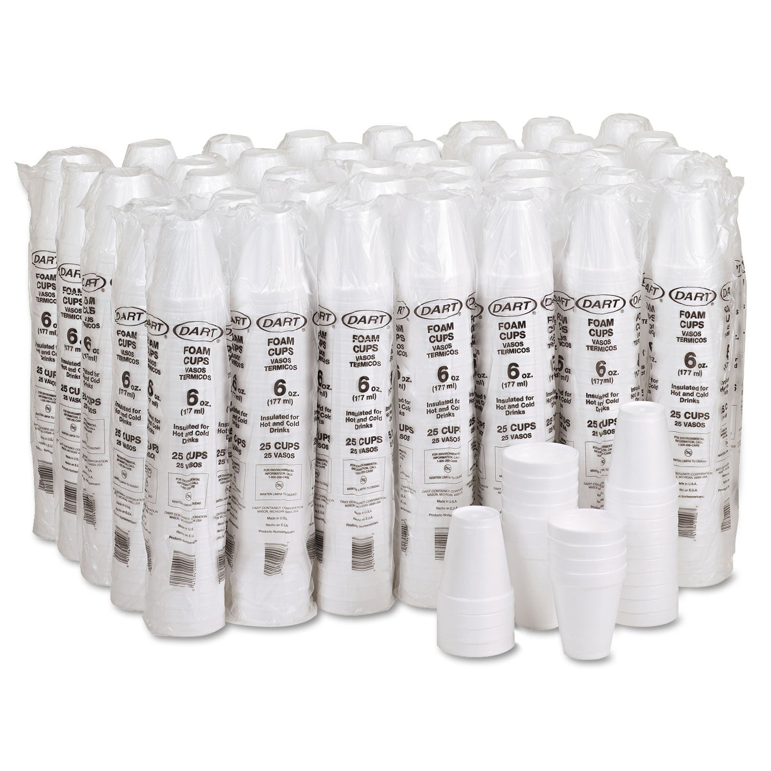 Dart Foam Drink Cups, 6 oz, White, 25/Bag, 40 Bags/Carton