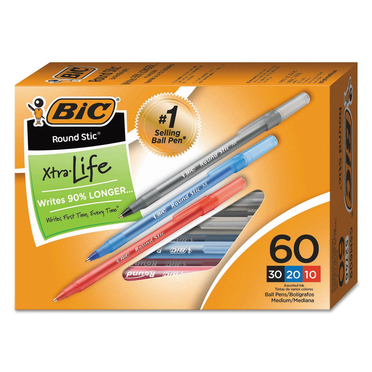 BIC Round Stic Xtra Precision Ballpoint Pen Value Pack, Stick, Medium 1 mm, Assorted Ink and Barrel Colors, 60/Pack
