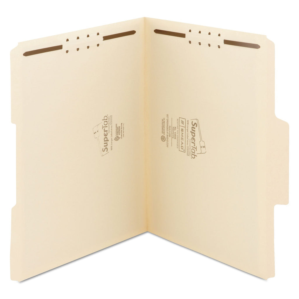 Smead SuperTab Reinforced Guide Height Fastener Folders, 2 Fasteners, Letter Size, 14-pt Manila Exterior, 50/Box
