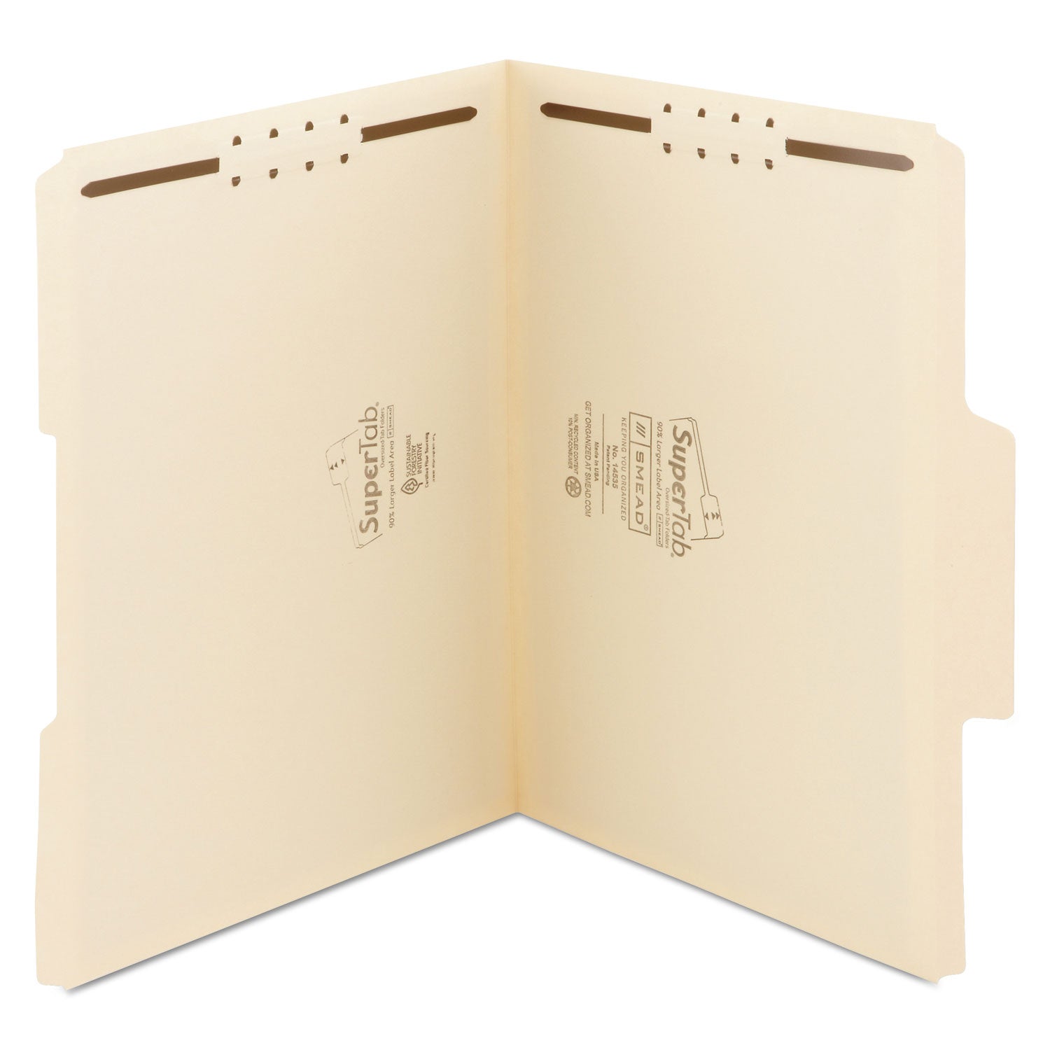 Smead SuperTab Reinforced Guide Height Fastener Folders, 2 Fasteners, Letter Size, 14-pt Manila Exterior, 50/Box