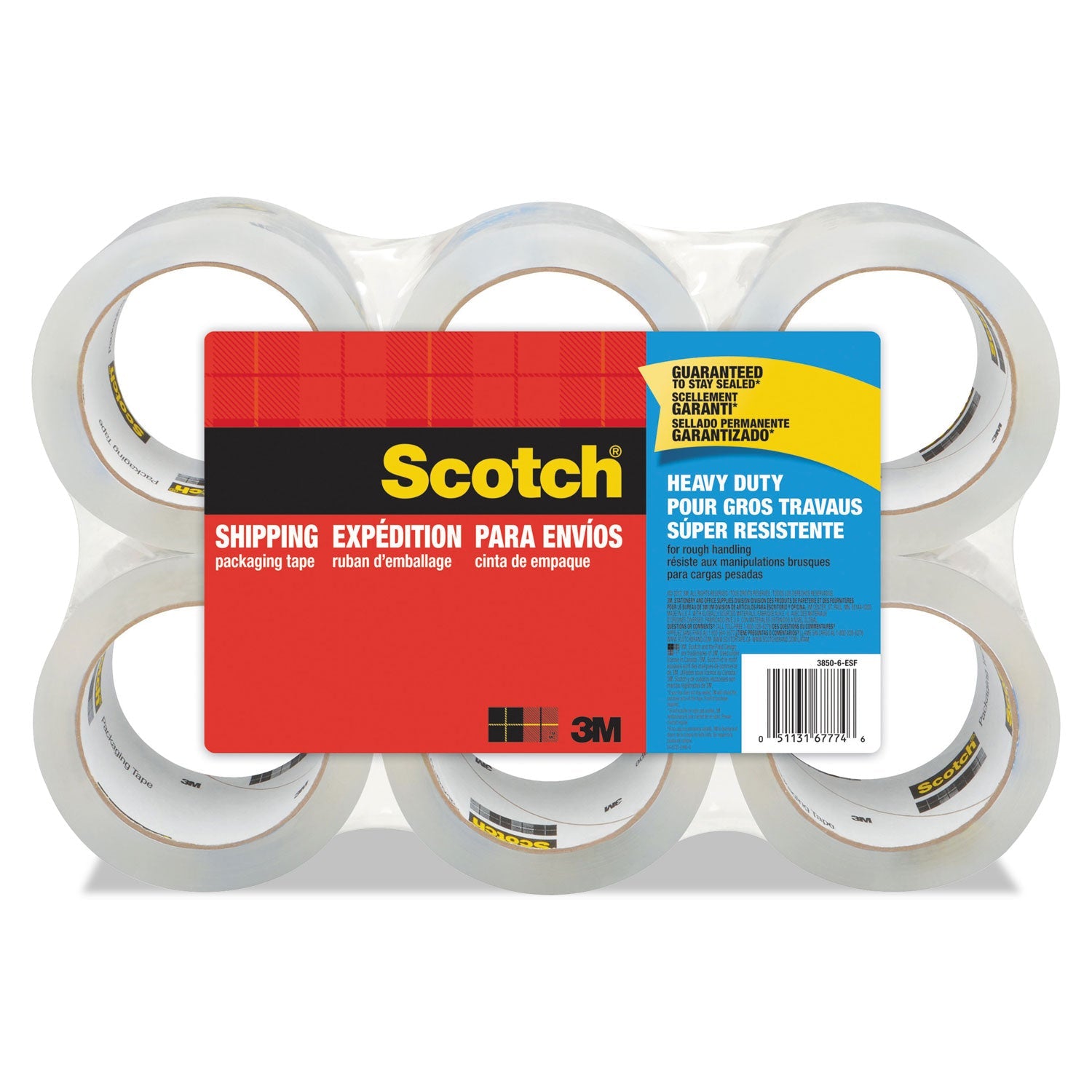 Scotch 3850 Heavy-Duty Packaging Tape, 3" Core, 1.88" x 54.6 yds, Clear, 6/Pack