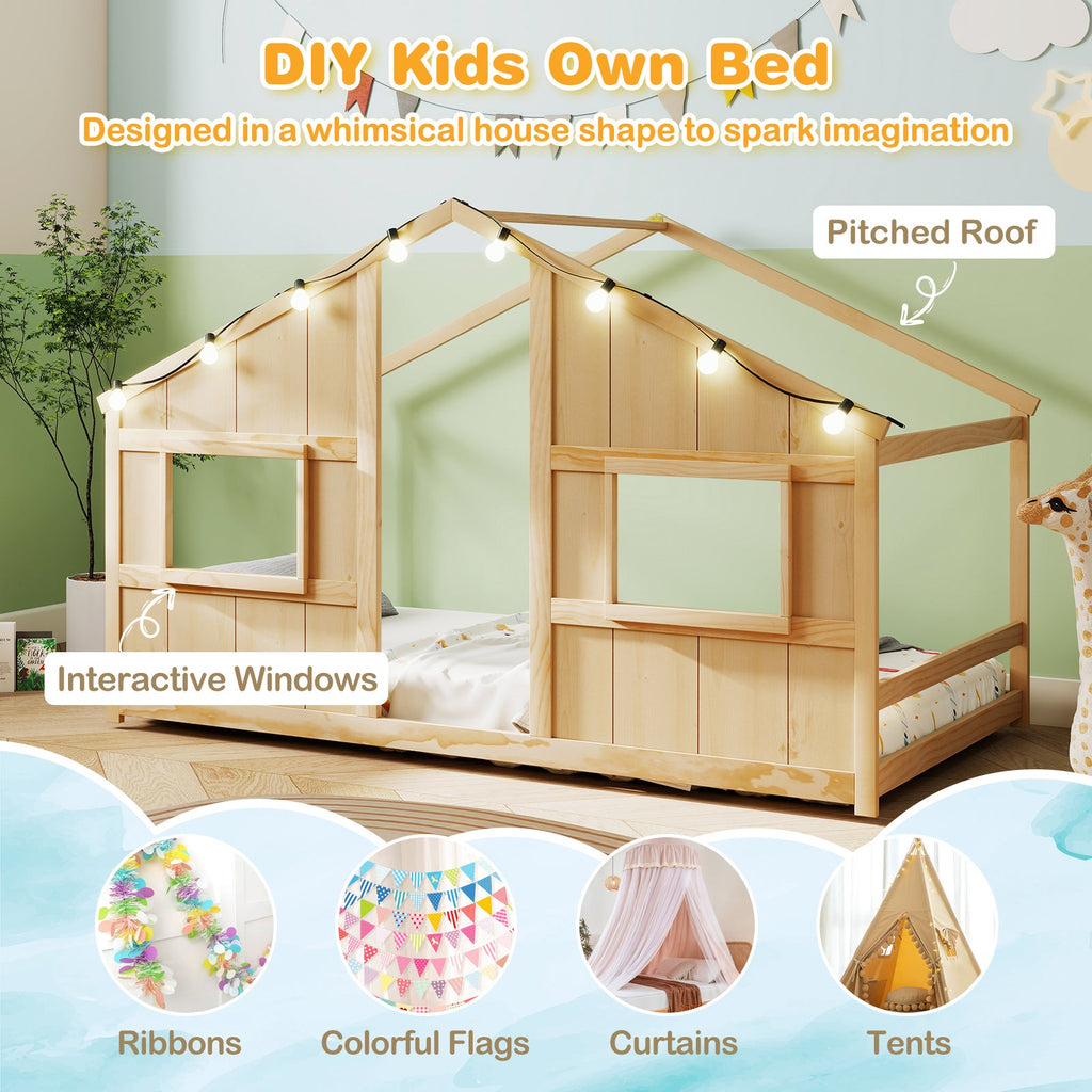 Twin Size House Bed with LED Lights Montessori Slat-free Floor Bed