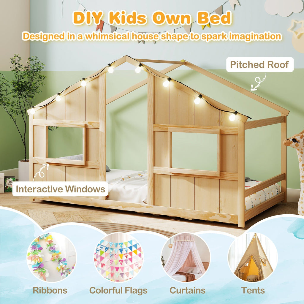 Twin Size House Bed with LED Lights Montessori Slat-free Floor Bed
