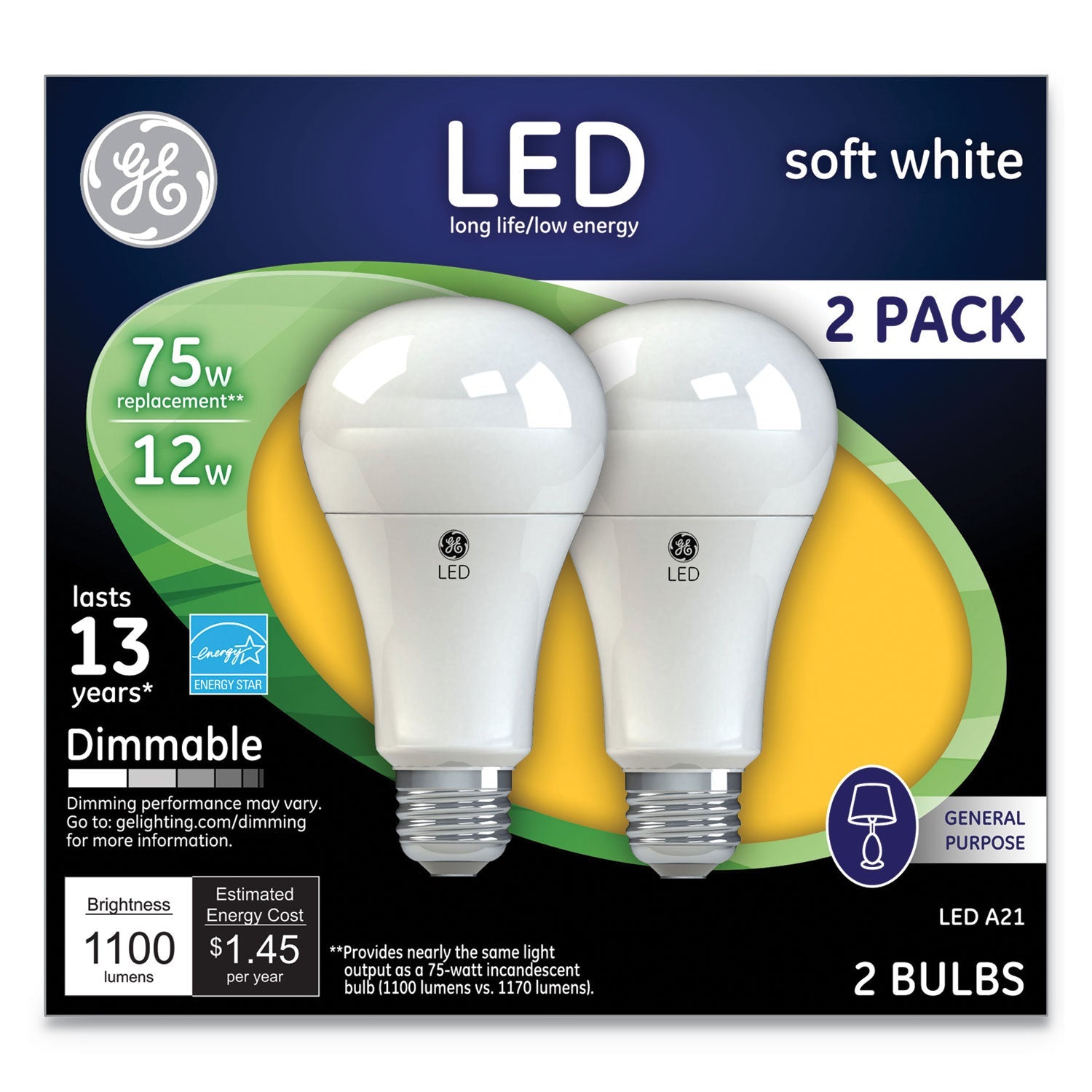 GE LED Soft White A21 Dimmable Light Bulb, 12 W, 2/Pack