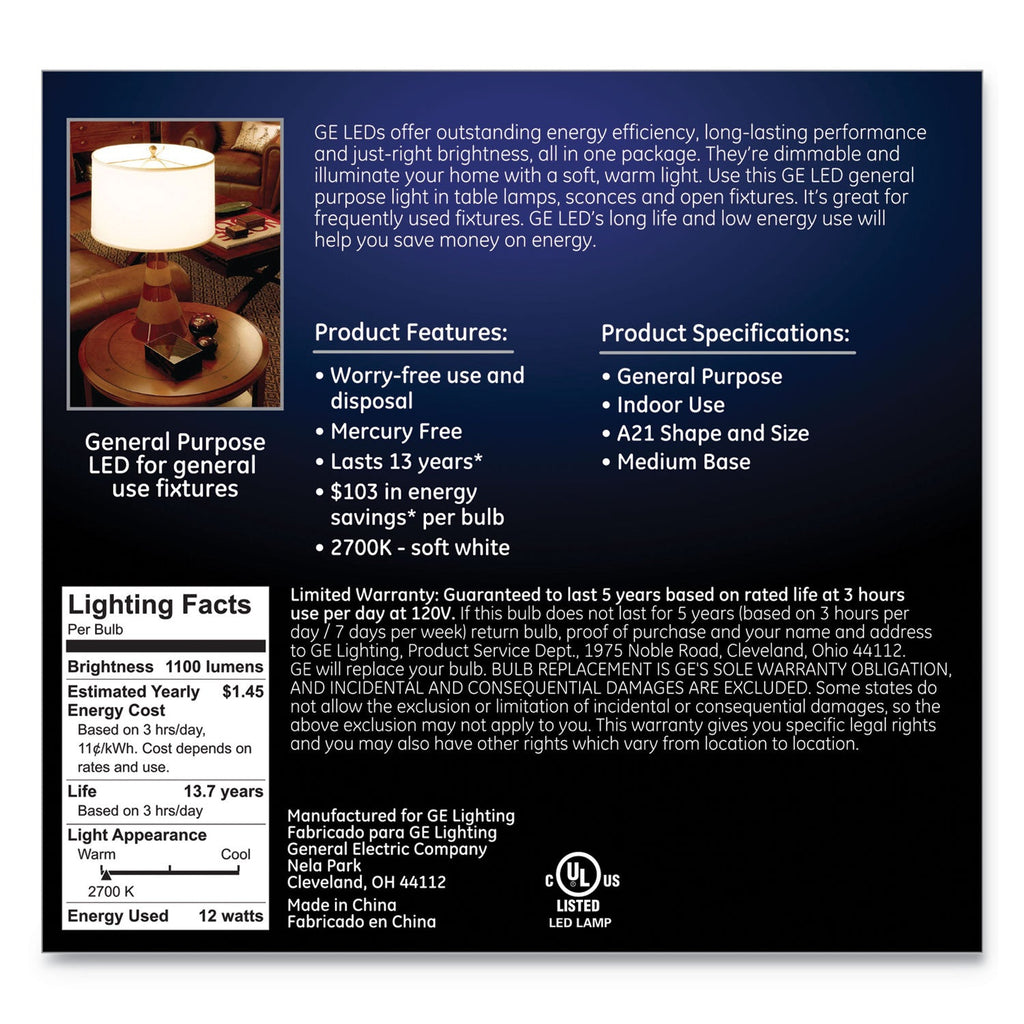 GE LED Soft White A21 Dimmable Light Bulb, 12 W, 2/Pack