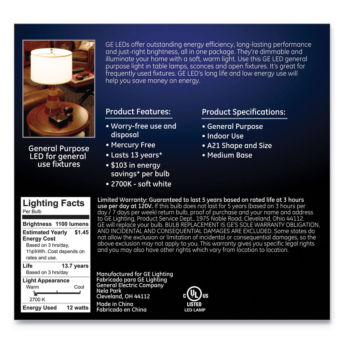 GE LED Soft White A21 Dimmable Light Bulb, 12 W, 2/Pack