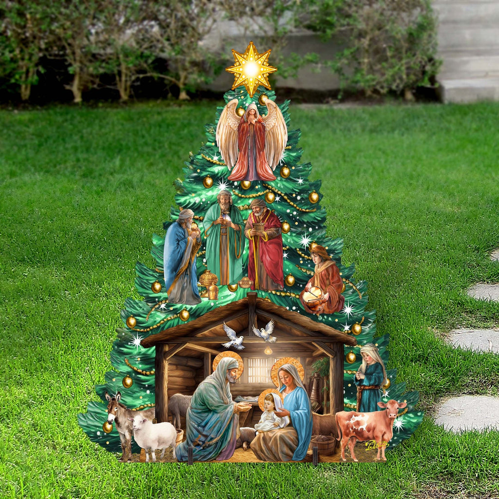 Nativity-Themed Christmas Tree Outdoor Indoor Decor Wooden Christmas Decoration by G. Debrekht Christmas Decor - 8191503-3F