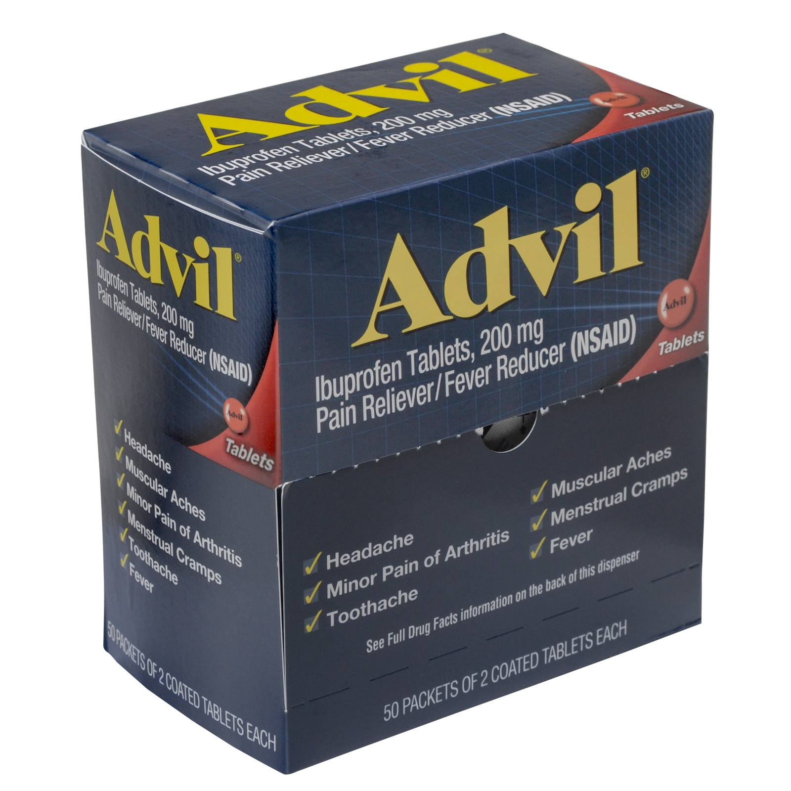 Advil Ibuprofen Tablets, Two-Pack, 50 Packs/Box - Effective Pain Relief
